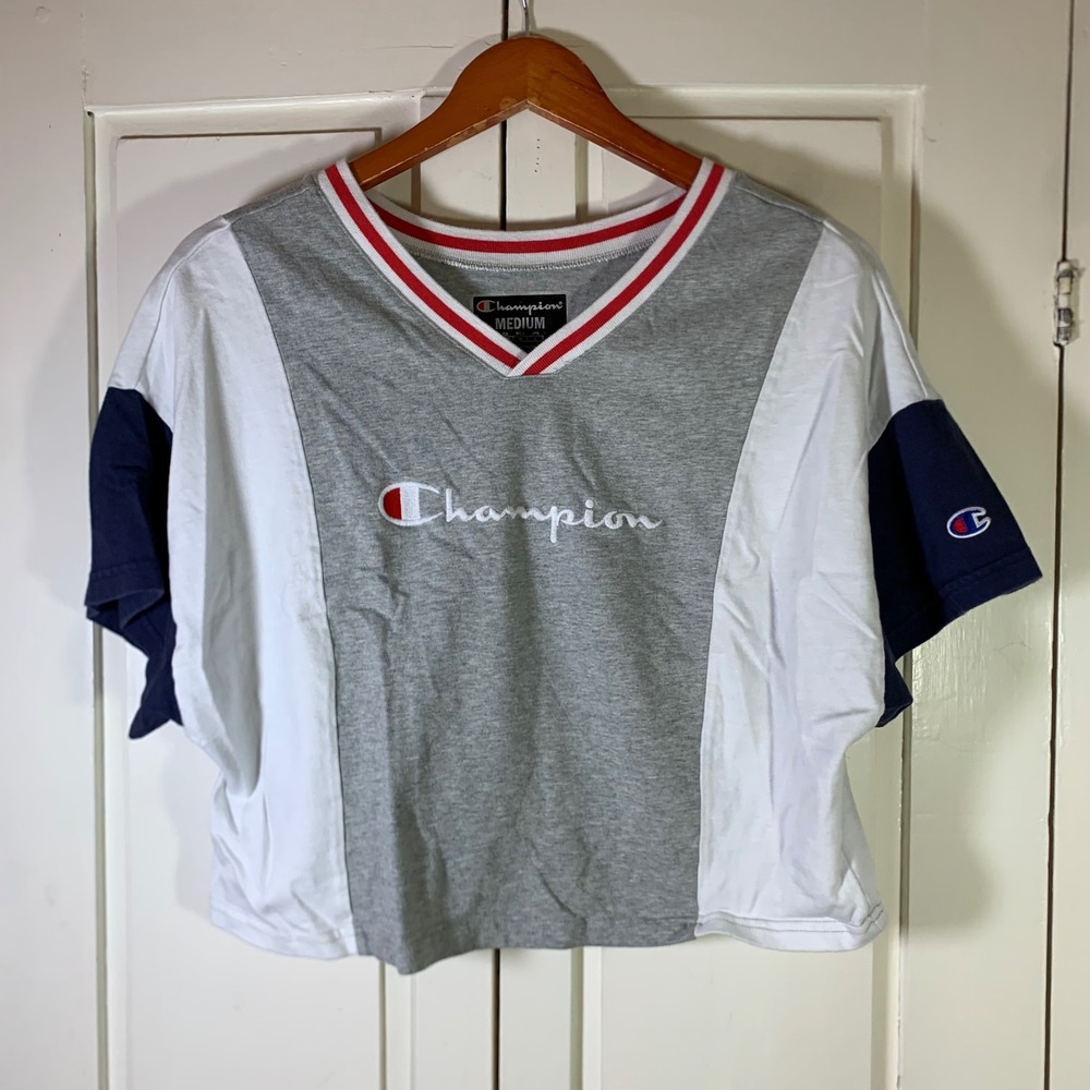 Champion Womens Colorblock Crop Top Grey White Navy V-Neck Script Logo Medium